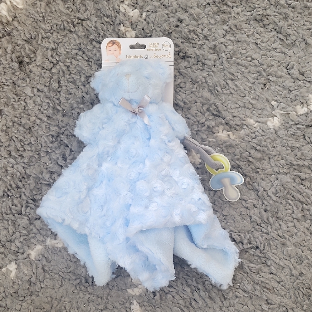 Blue Baby Security Blanket with Bear and pacifier holder NEW